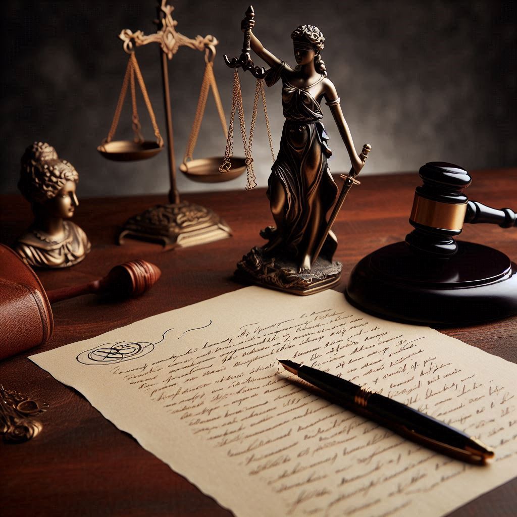 Lady Justice, legal writing, scales and gavel